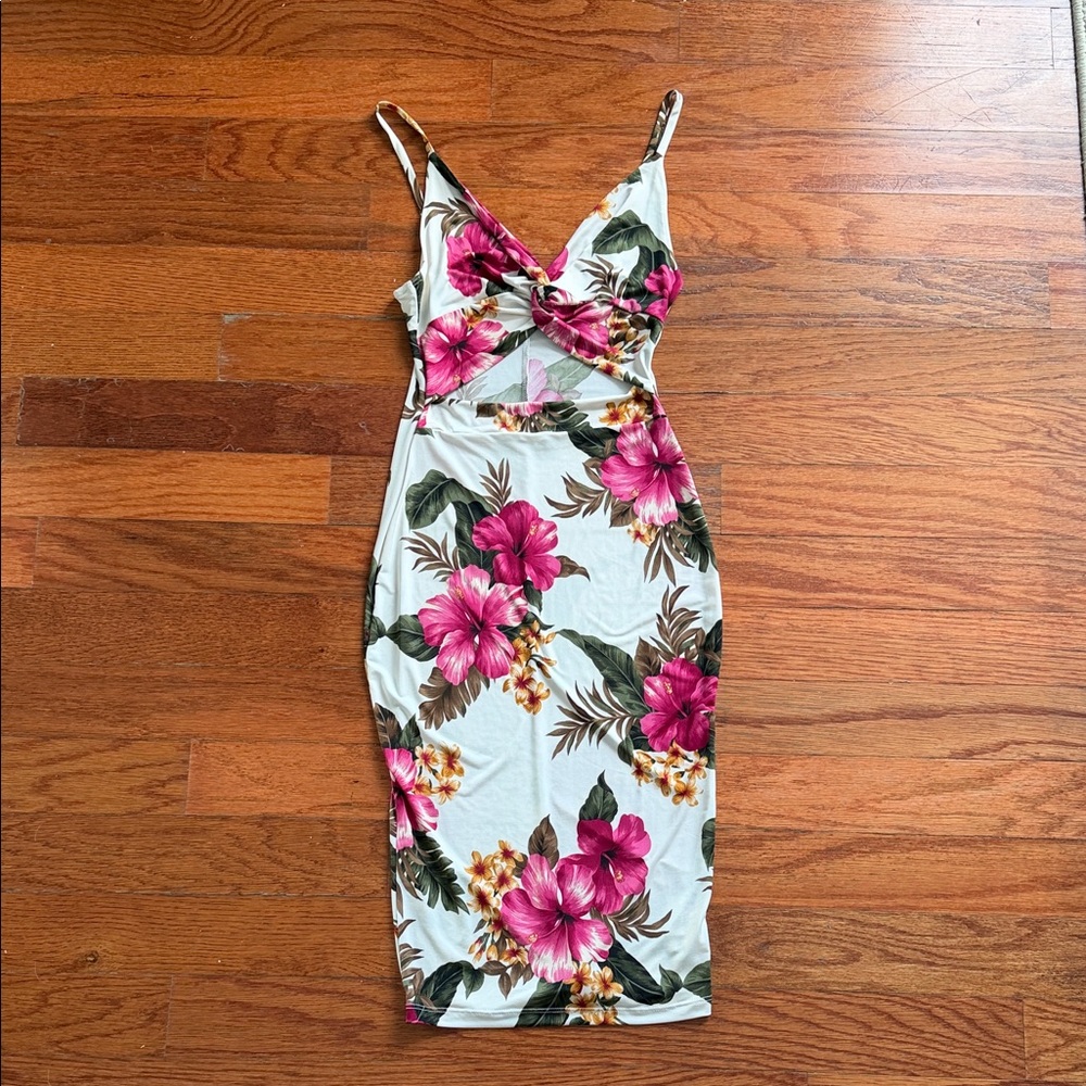 Fashion Nova Floral Midi Dress in Pink and Green
